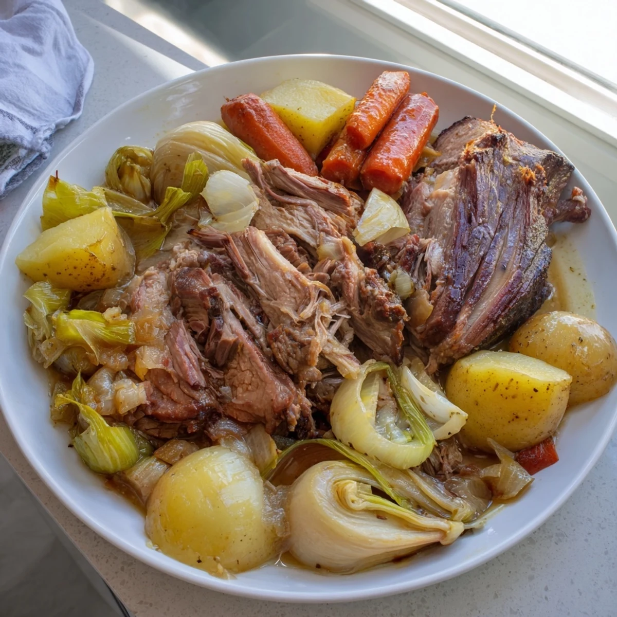Tender slow-roasted beef pot roast with root vegetables, in a rich, flavorful gravy, ready to serve.