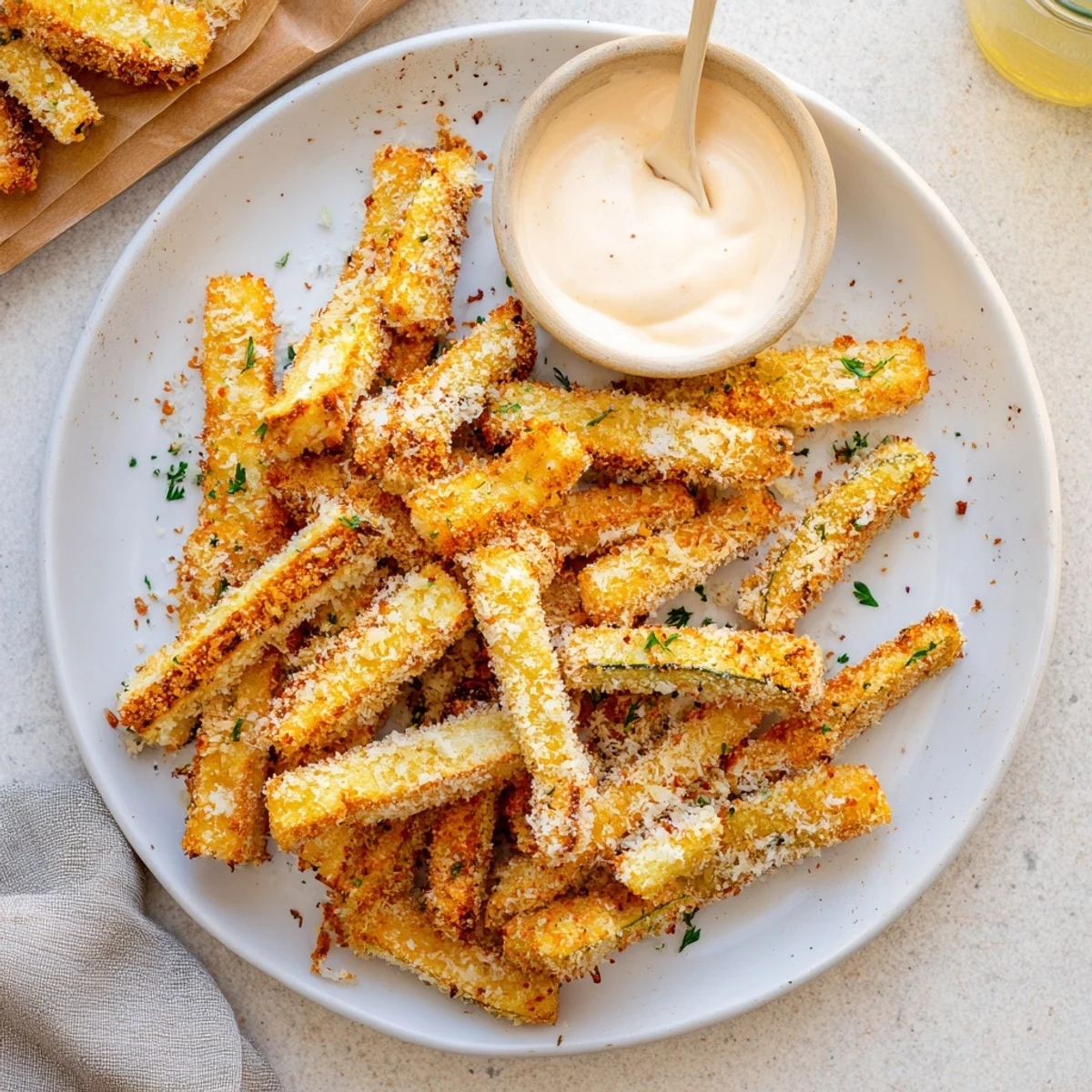 Golden-brown Crispy Parmesan Zucchini Fries with a creamy dipping sauce, ready to enjoy.