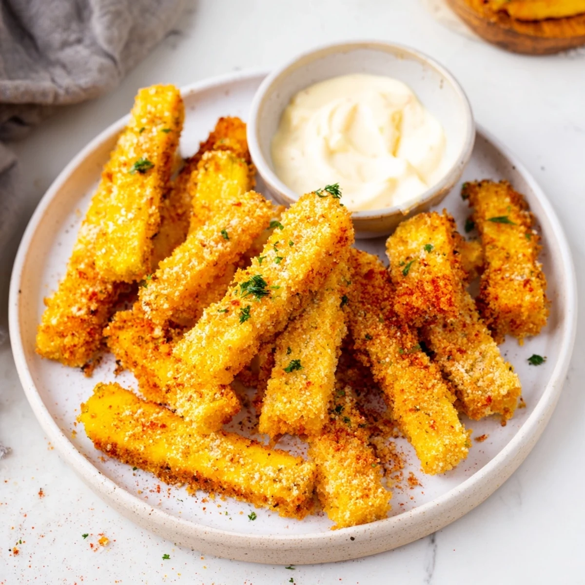 Mouthwatering image of crispy, golden-crusted Parmesan Zucchini Fries, served hot with a tasty dipping sauce.