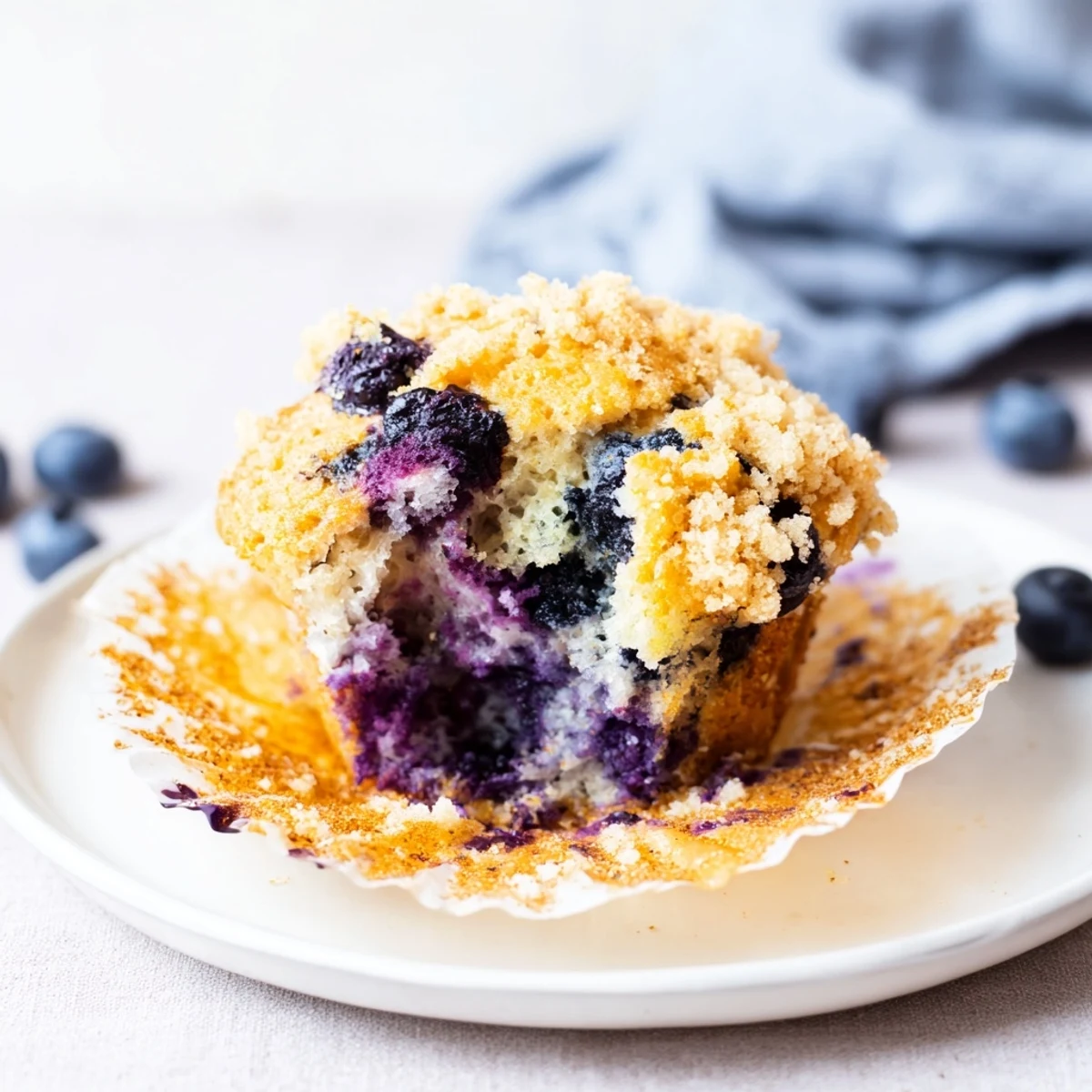 Golden-topped, warm fluffy homemade blueberry muffins with a crunchy streusel, ready to eat.