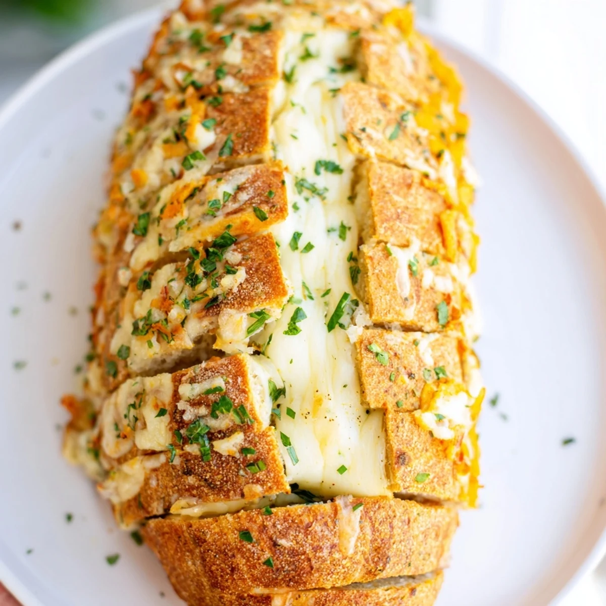 A close-up of warm, oozing Cheesy Garlic Pull-Apart Bread, perfect for dipping and sharing with friends.