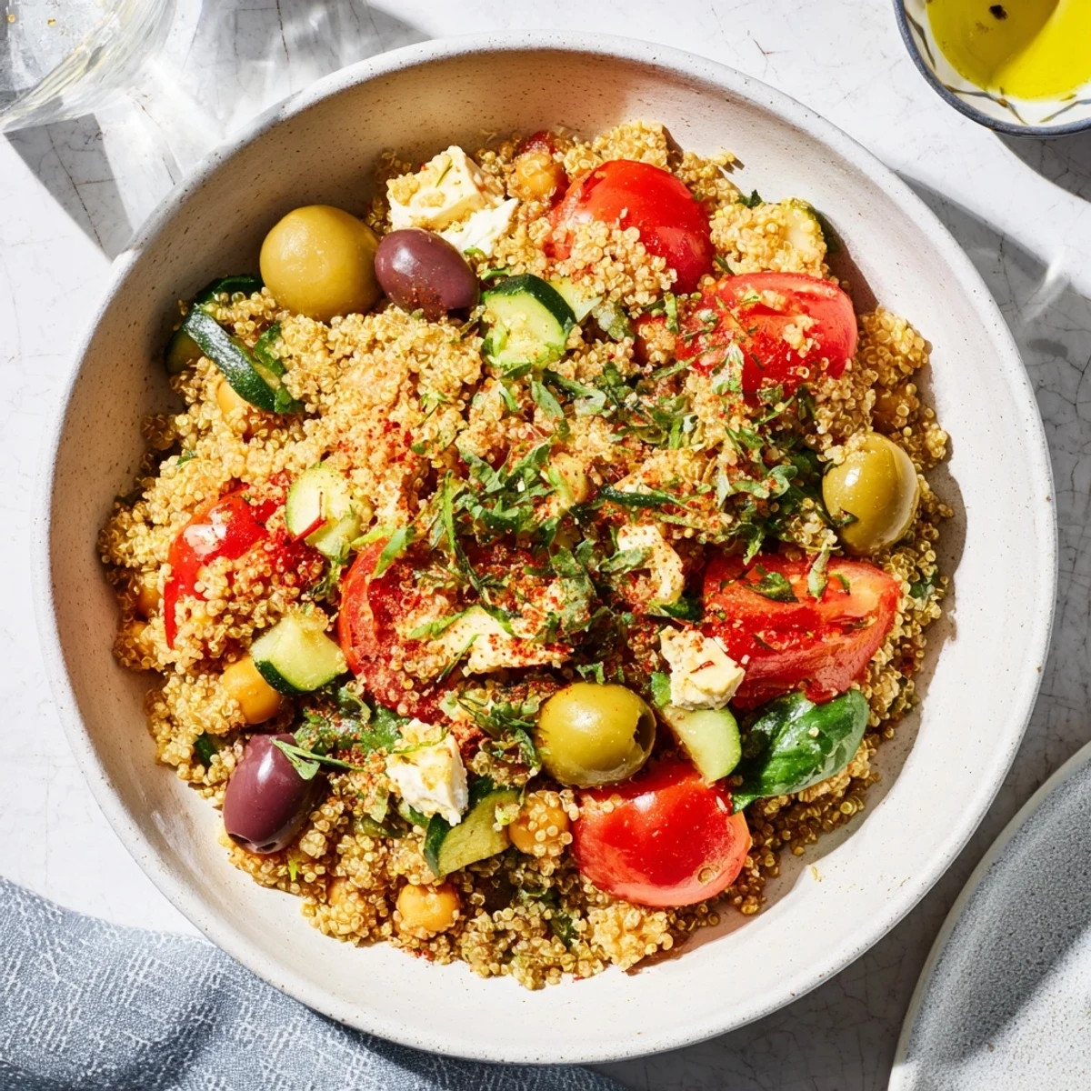 Vibrant Mediterranean Grain Bowl with roasted chickpeas, colorful veggies, and crumbled feta cheese, ready to eat.