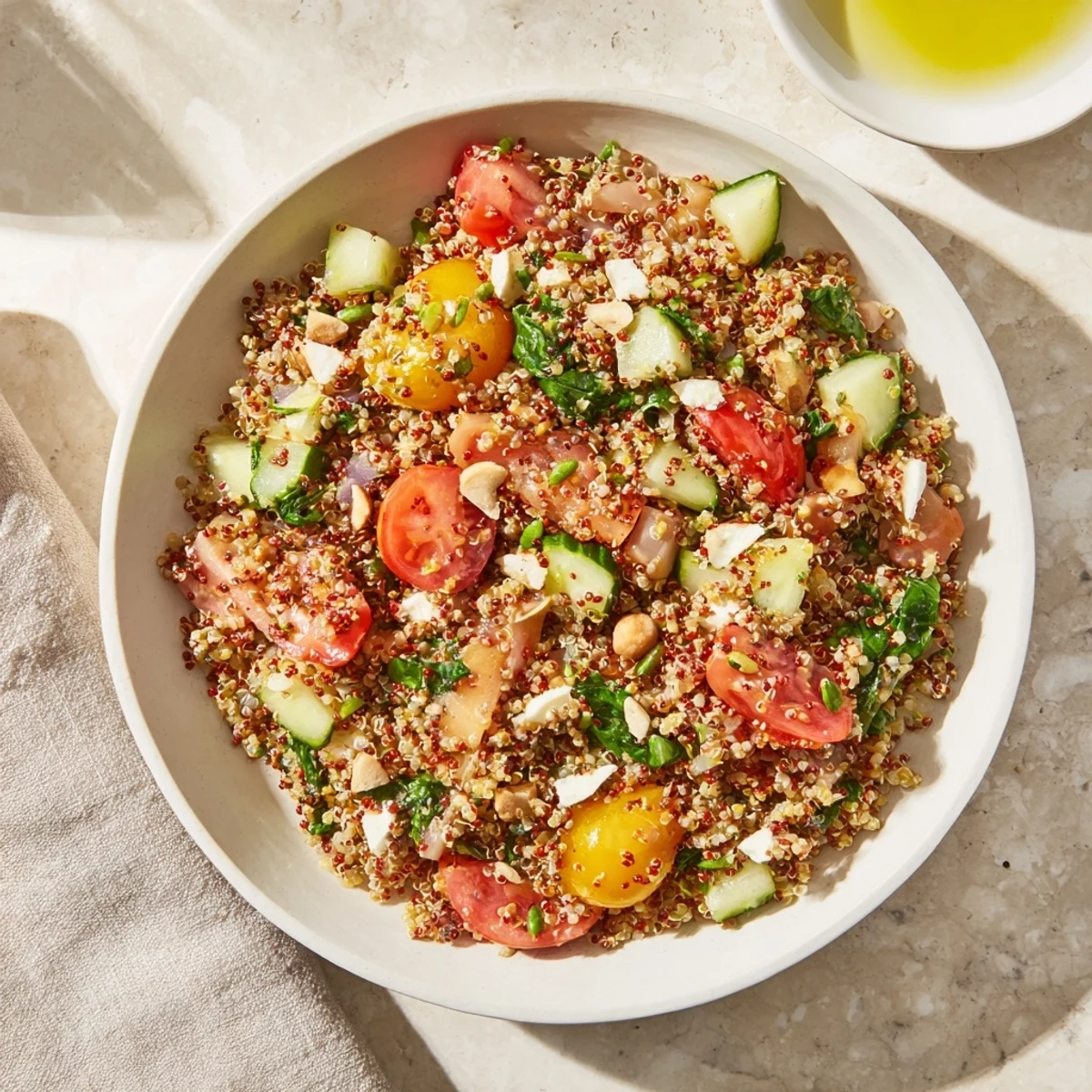 Close-up of a delightful Mediterranean Grain Bowl showcases crispy chickpeas atop fluffy grains and fresh ingredients.