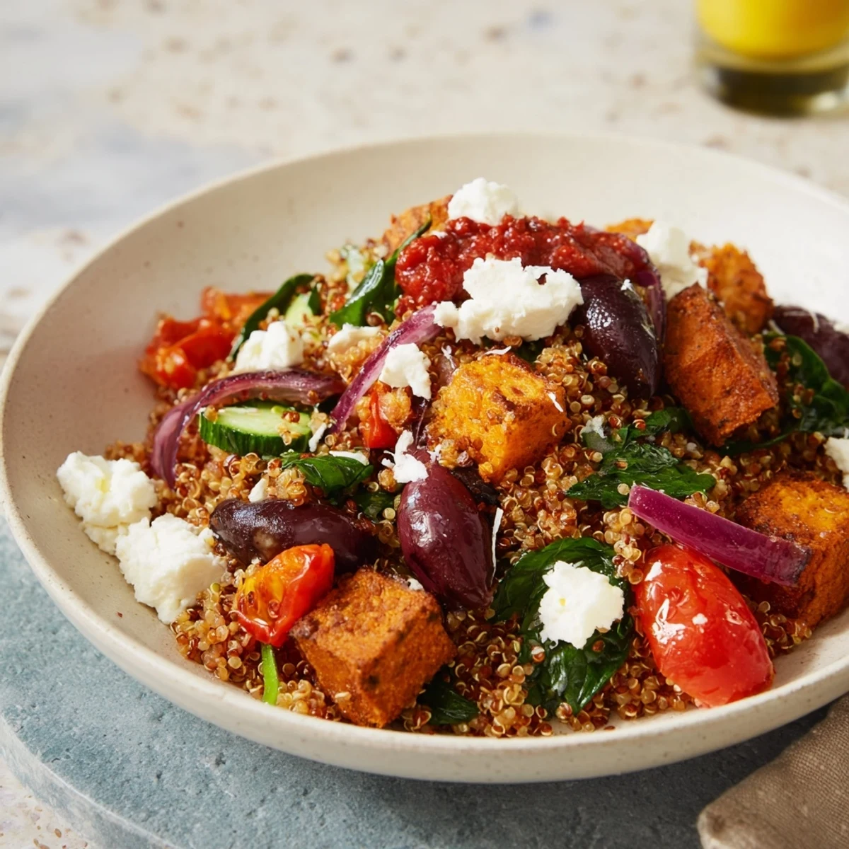 A flavorful Mediterranean Grain Bowl with feta, offering a satisfying blend of textures and zesty lemon dressing.