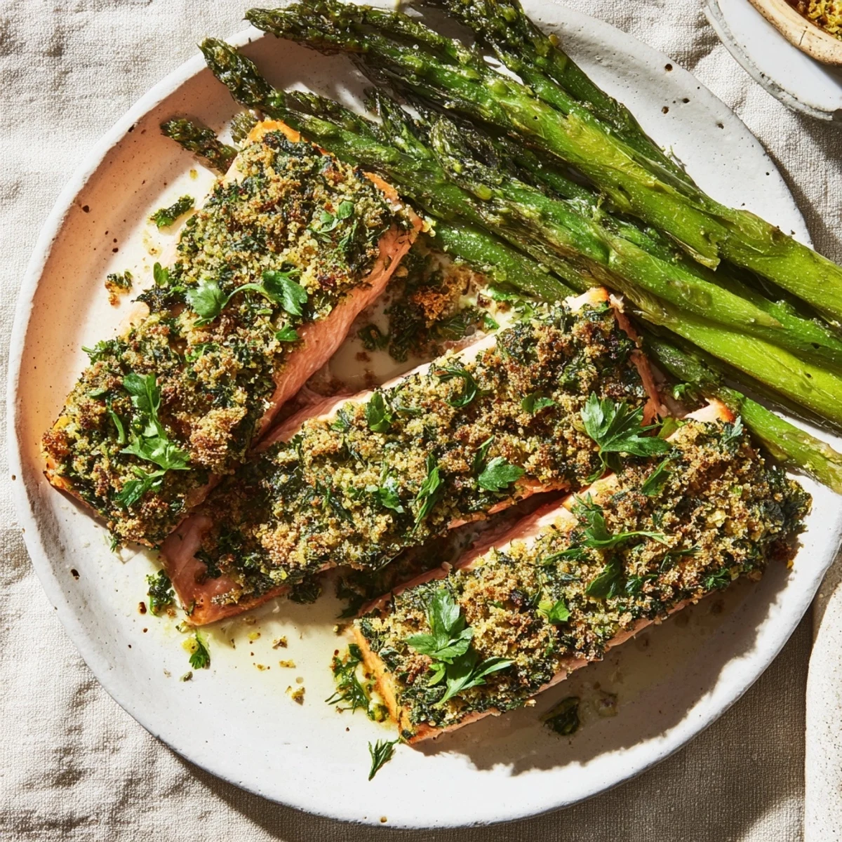 Oven-baked Easy Herb-Crusted Salmon, showcasing a golden herb crust and roasted asparagus.