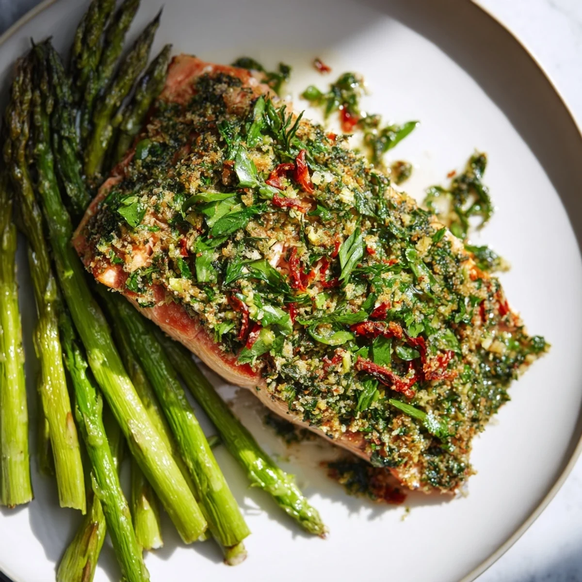 Tender herb-crusted salmon with vibrant green asparagus, ready to serve with lemon wedges.