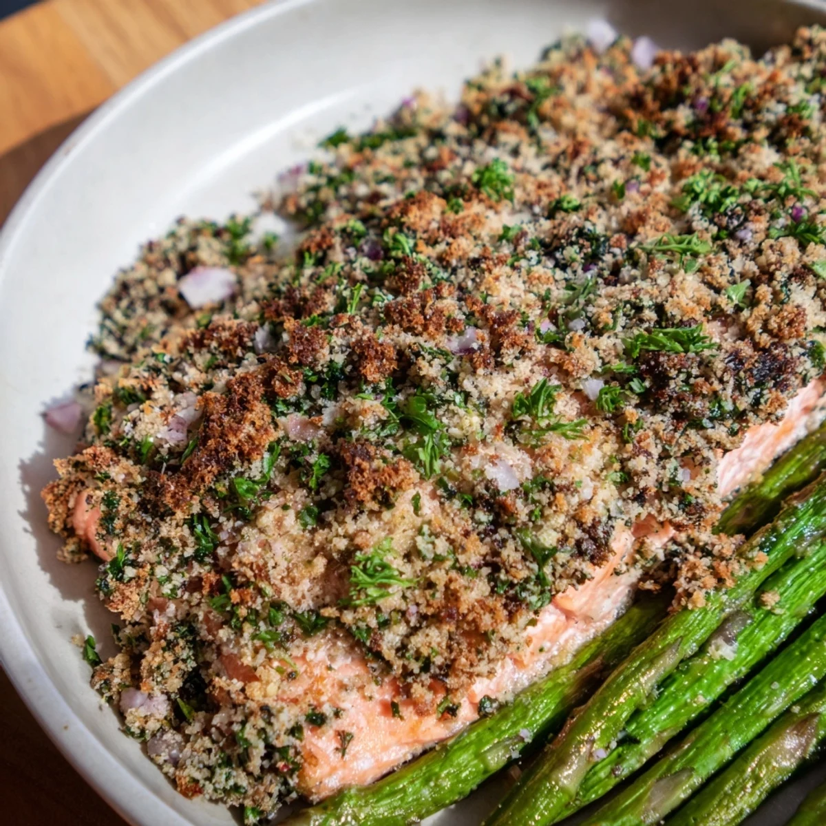 A close-up view of flaky, flavorful Easy Herb-Crusted Salmon and perfectly cooked asparagus.
