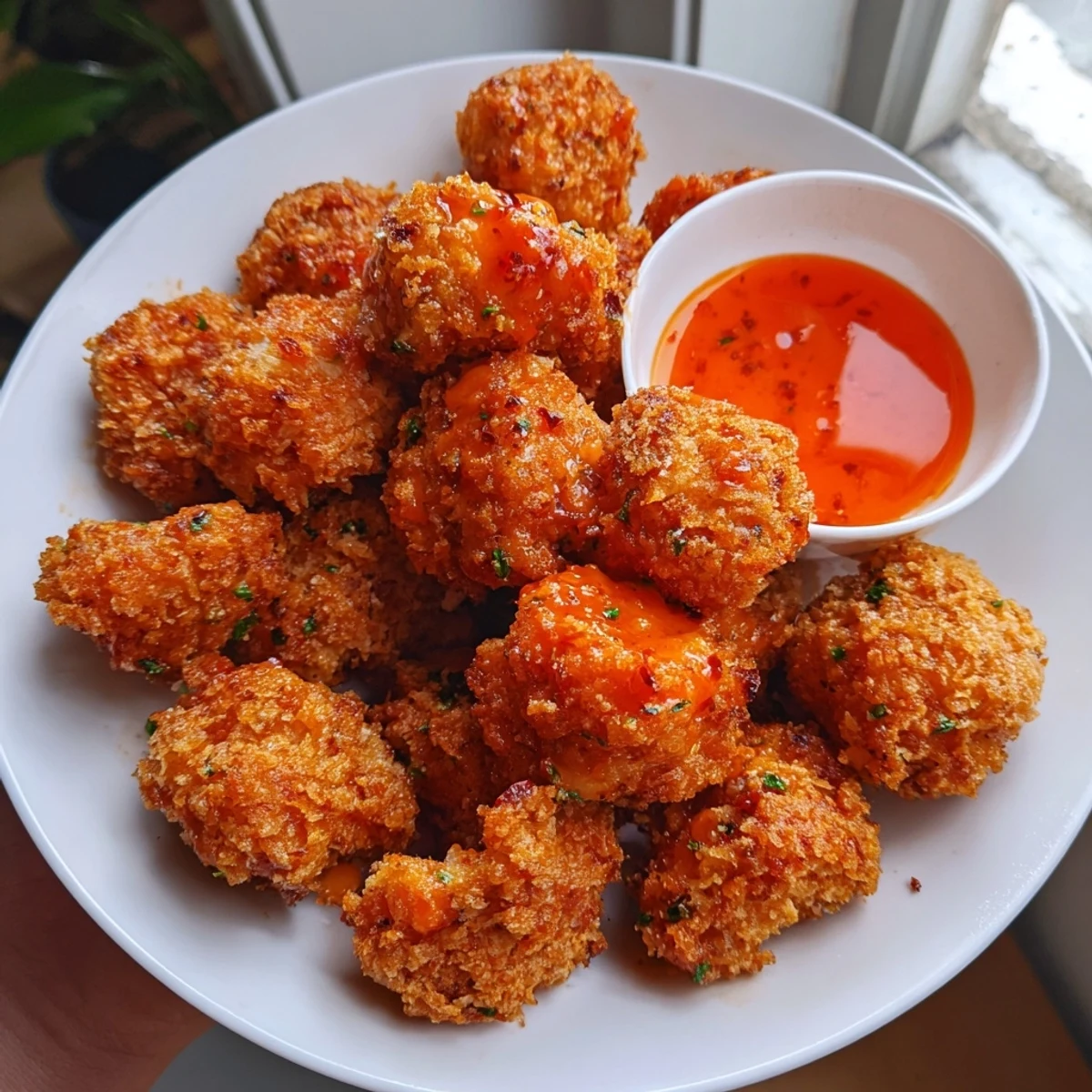 Serving a platter of vibrant air-fryer Buffalo Cauliflower Bites, ideal for your next appetizer spread.
