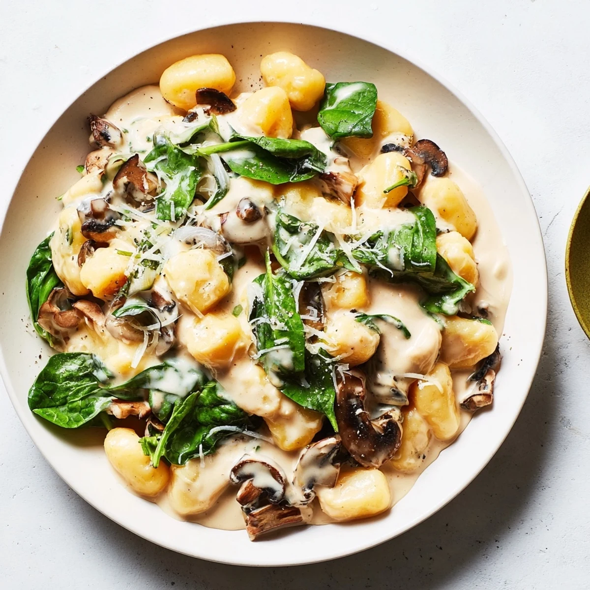 Indulge in this delicious One-Dish Creamy Mushroom and Spinach Gnocchi, glistening with Parmesan cheese and rich flavors.