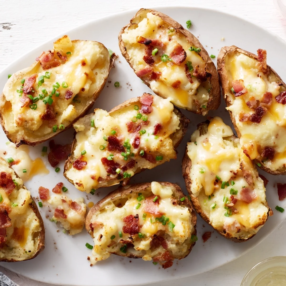 Golden-brown loaded sweet potato skins with crispy bacon and vibrant green chives, ready to eat.