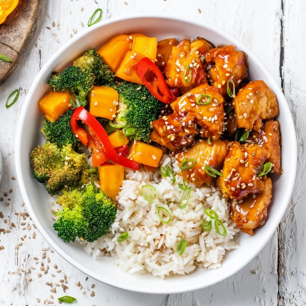 A close-up of a steaming One-Pot Teriyaki Chicken and Rice Bake with chicken thighs and rice.