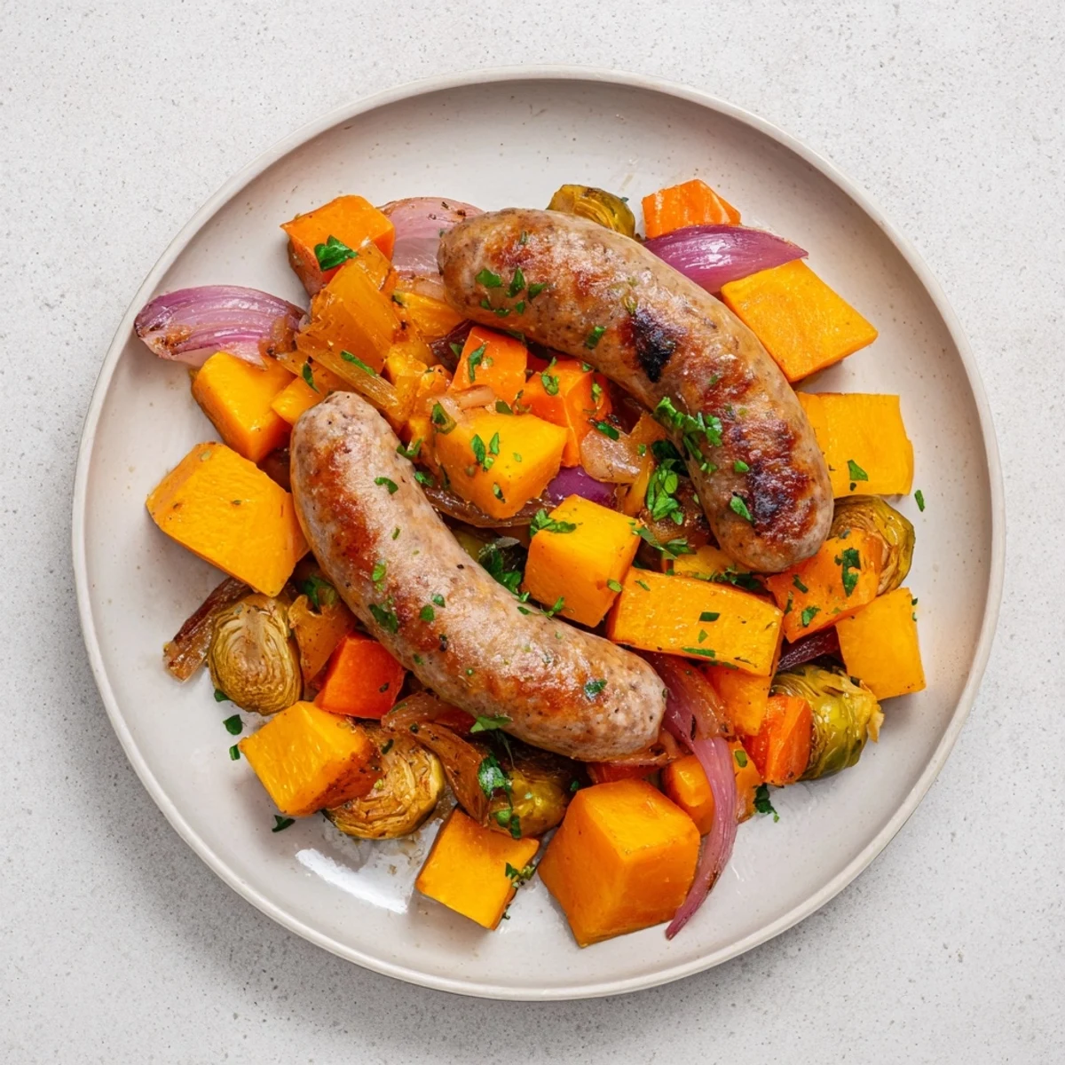 Golden sheet pan sausage and autumn veggie medley, a satisfyingly roasted one-pan dinner idea.