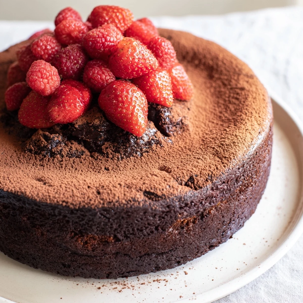 Imagine a slice of the dark chocolate brownie tart, dusted with cocoa and ready to enjoy.