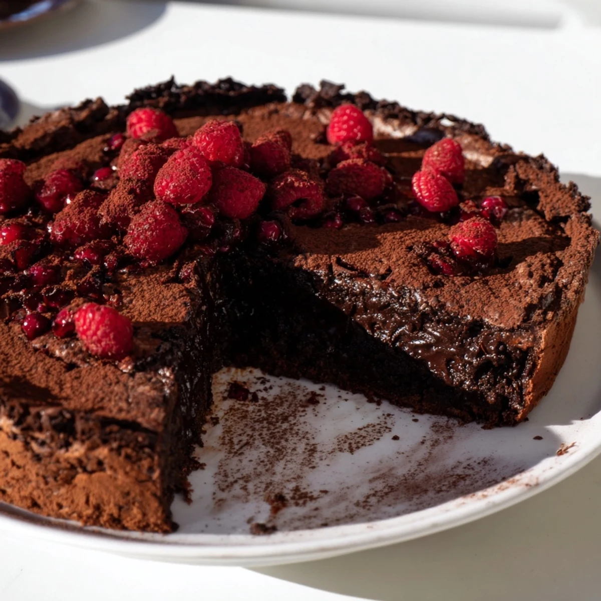 The dark chocolate brownie tart's deep color contrasts beautifully for a delicious, beautiful dessert idea.