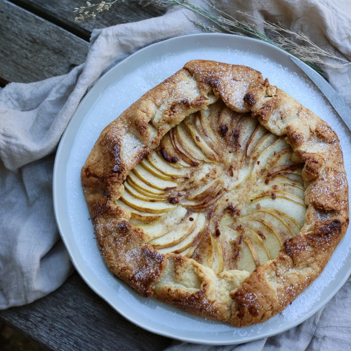 Warm, bubbling Rustic Pear and Ginger Galette, ready to serve with a scoop of vanilla ice cream.