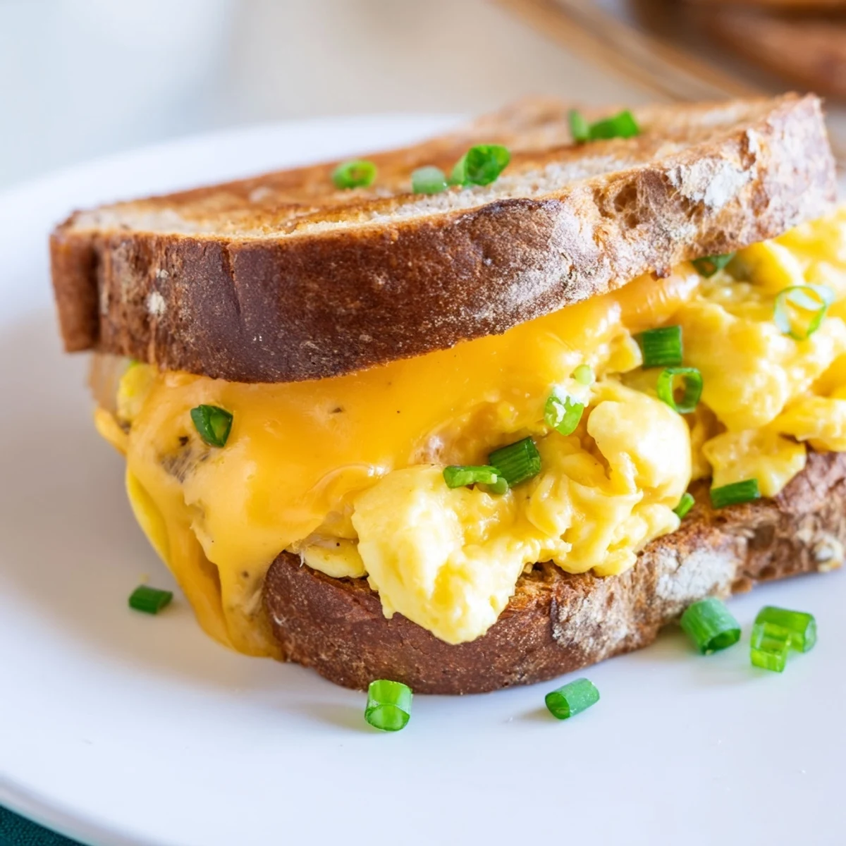 One-Pan Egg Breakfast Sandwich with melted cheddar and fresh chives, ready to eat.