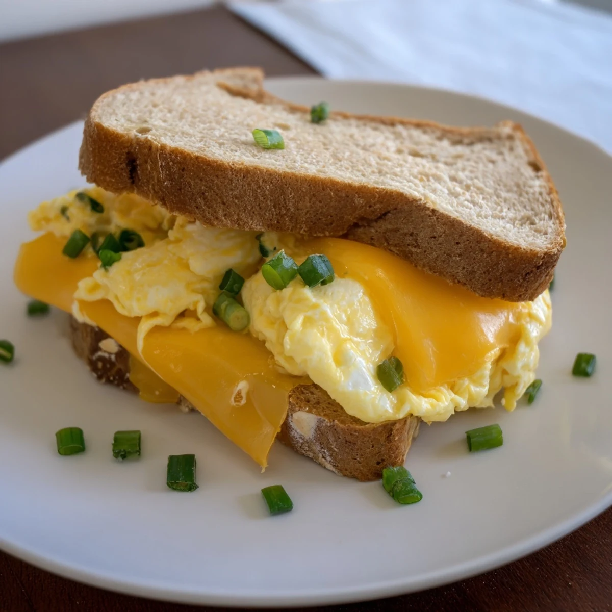 Golden-brown One-Pan Egg Breakfast Sandwich, perfectly stacked and filled with cheesy eggs.