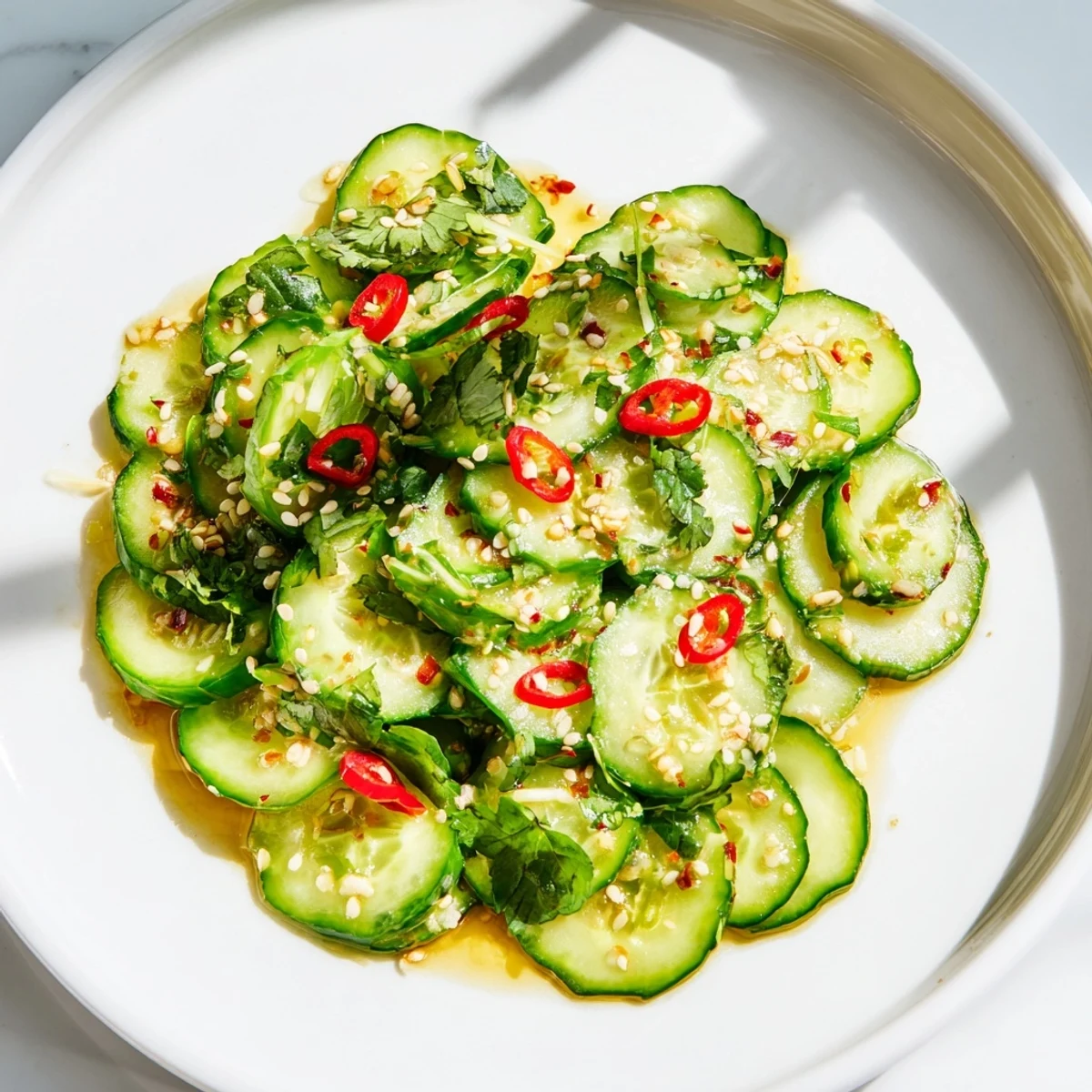 A vibrant bowl of Tangy Shaken Asian-Style Cucumber Salad, ready in minutes with a sesame and cilantro finish.