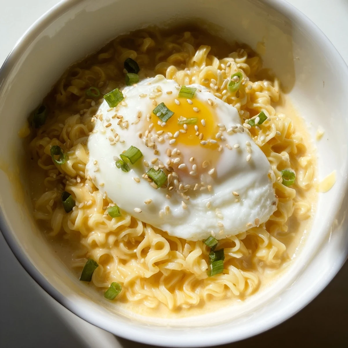 A steamy, cheesy Instant Cheese Ramen Bowl topped with a soft-poached egg and fresh green onions.