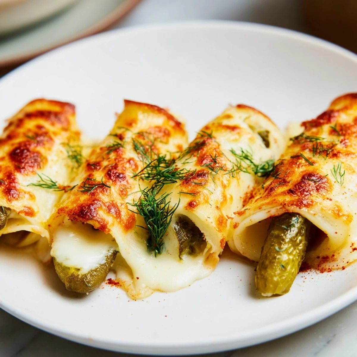Warm, melted cheese pickle rolls, a crispy delight, served golden-brown and bubbling for a perfect appetizer.
