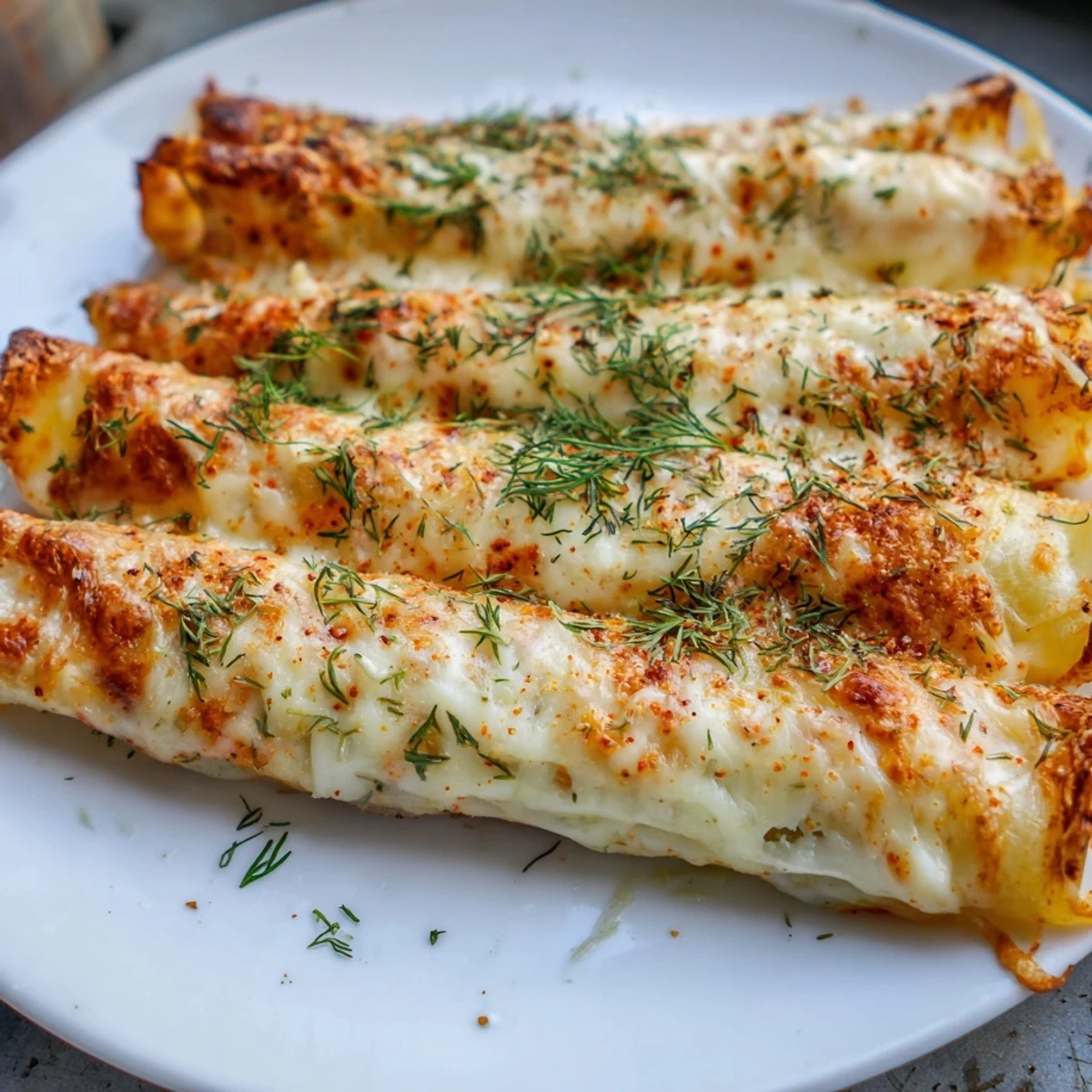 A close-up of golden Melted Cheese Pickle Rolls, showing the crunchy texture and melted cheese surrounding dill pickles.