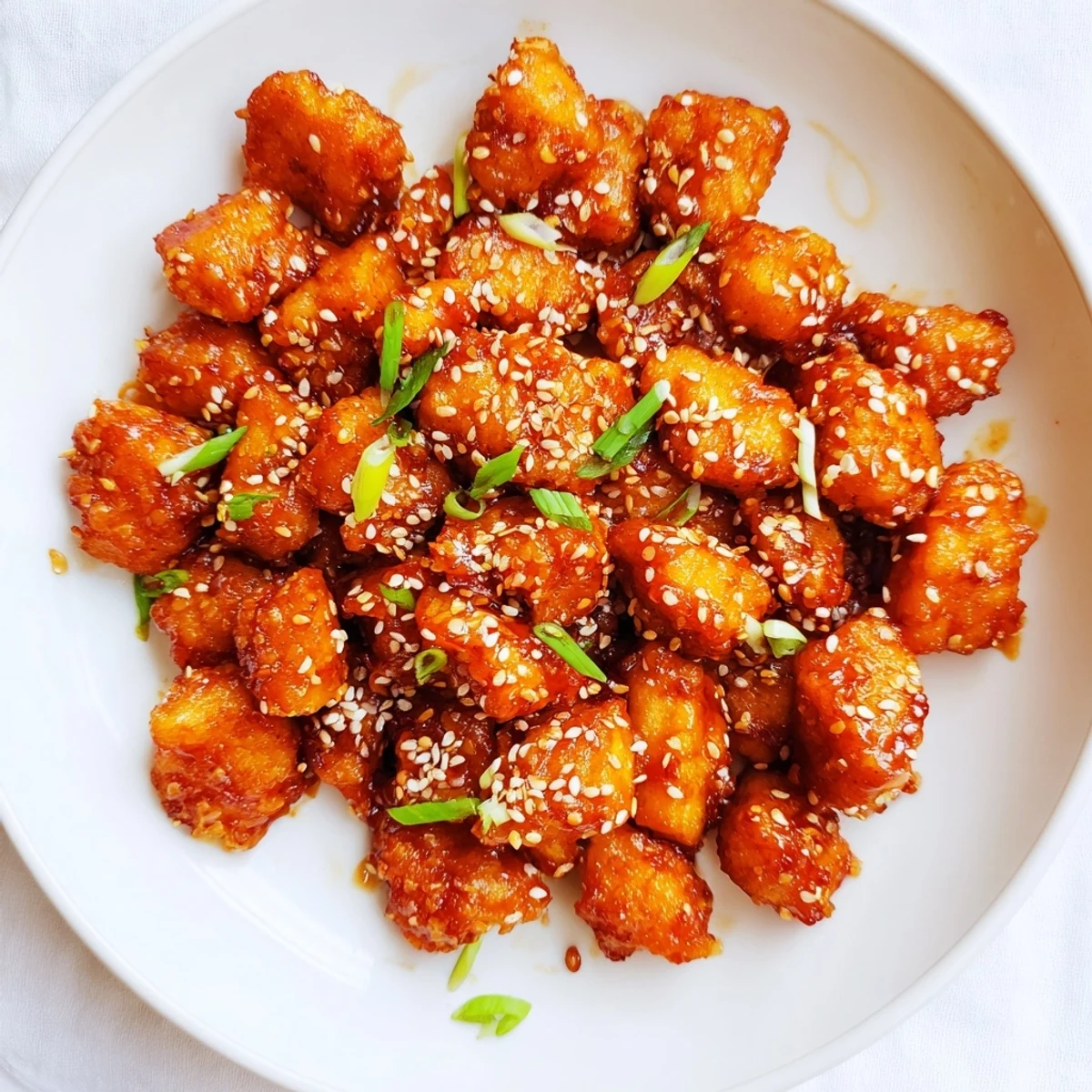 Crispy Honey-Sriracha Chicken Bites glistening from the sweet and spicy glaze ready for serving.