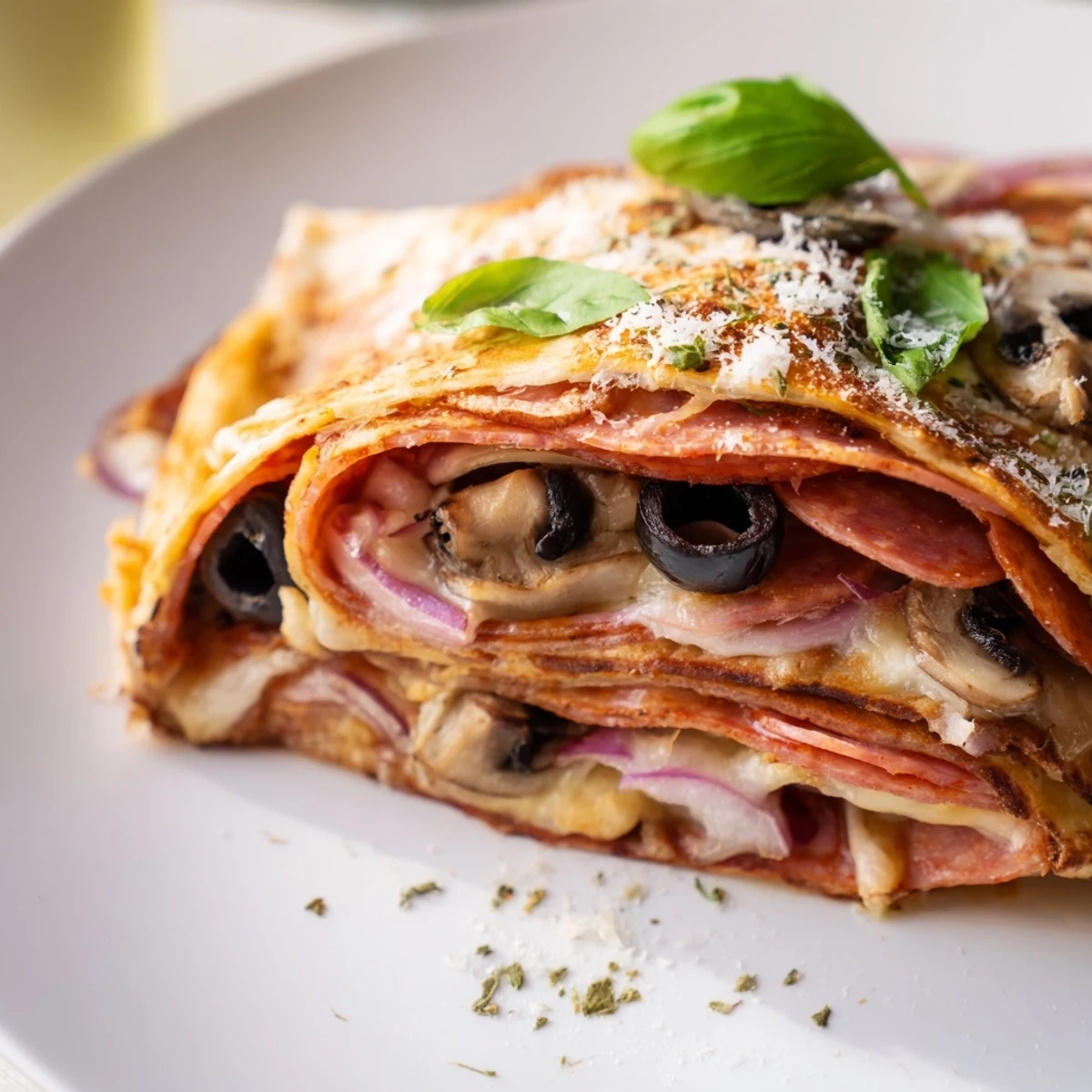 Golden-brown, crispy Cheesy Tortilla Pizza Wrap, filled with melty cheese and savory pizza flavors.