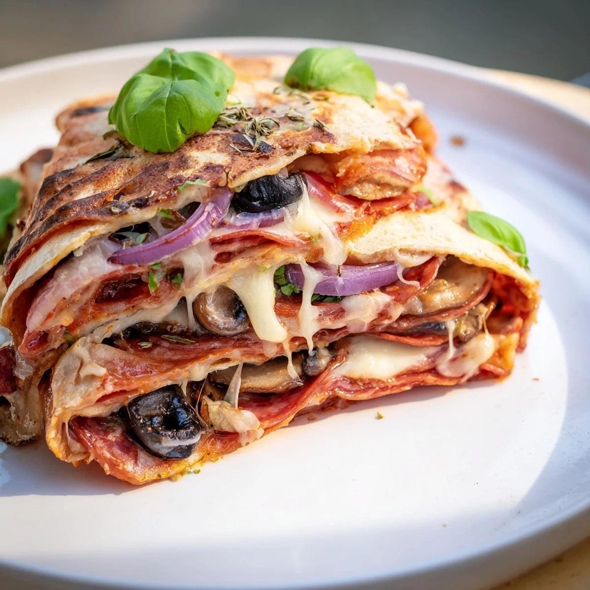 A steaming, folded Cheesy Tortilla Pizza Wrap, ready to eat, with visible pepperoni and mushrooms.