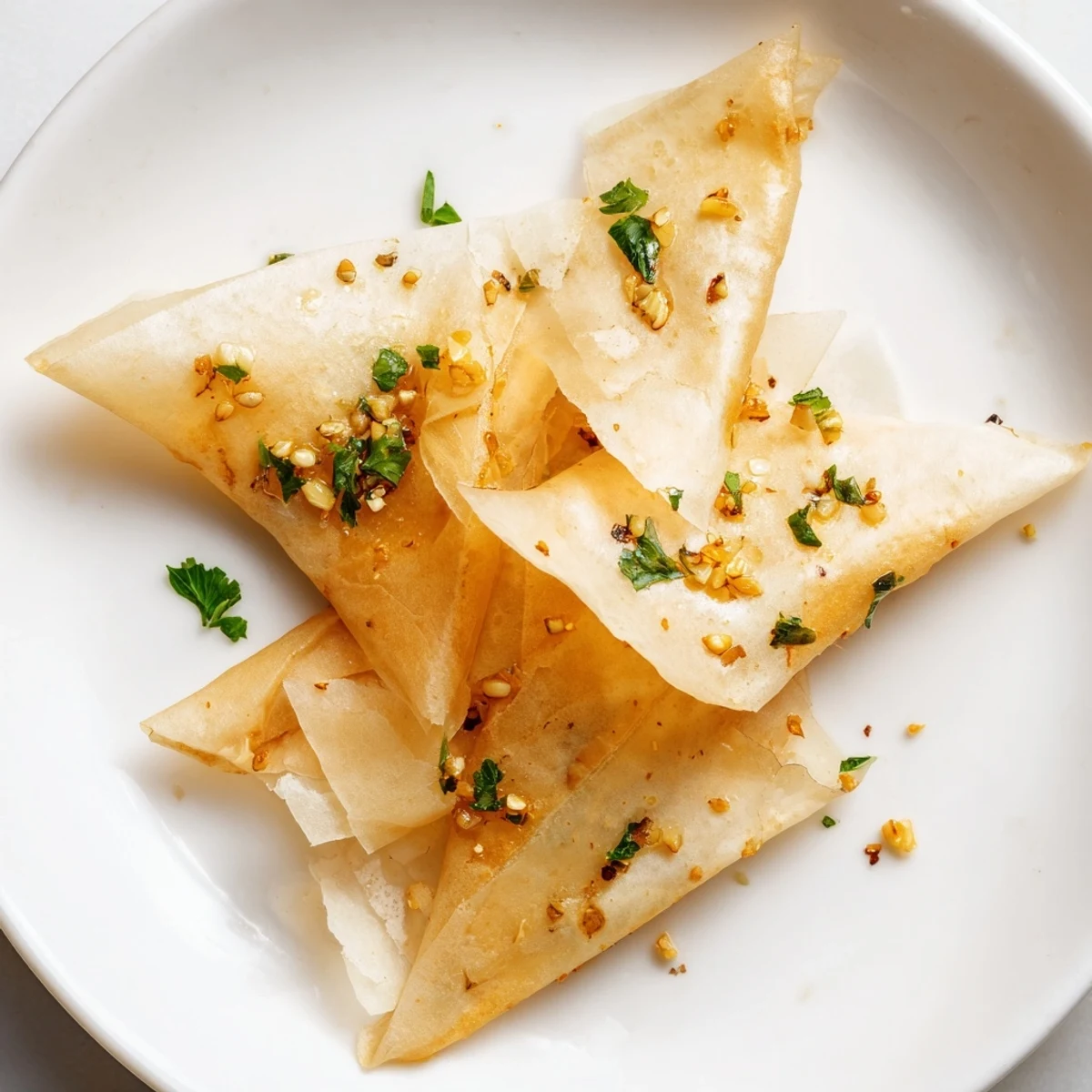 Freshly fried garlic lumpia chips, thin and aromatic, perfect for dipping in sweet chili sauce.