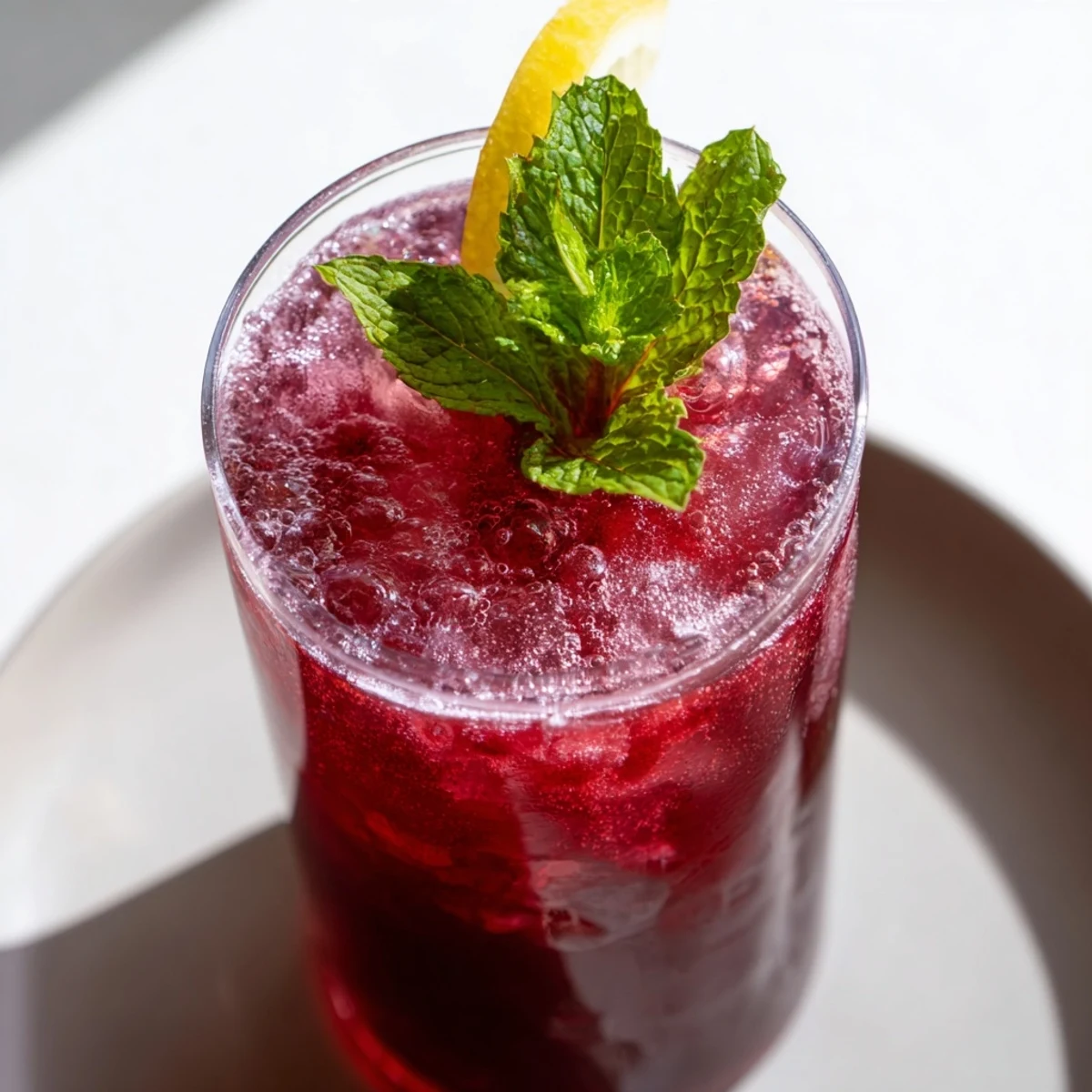 A vibrant Sleepy Girl Cherry Mocktail, garnished with mint, promises a relaxed, bedtime treat.