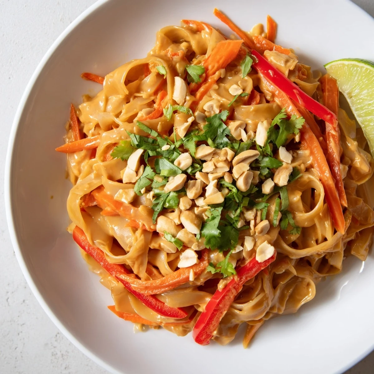 Close-up of perfectly coated spicy peanut noodles, garnished with fresh cilantro and crunchy peanuts.