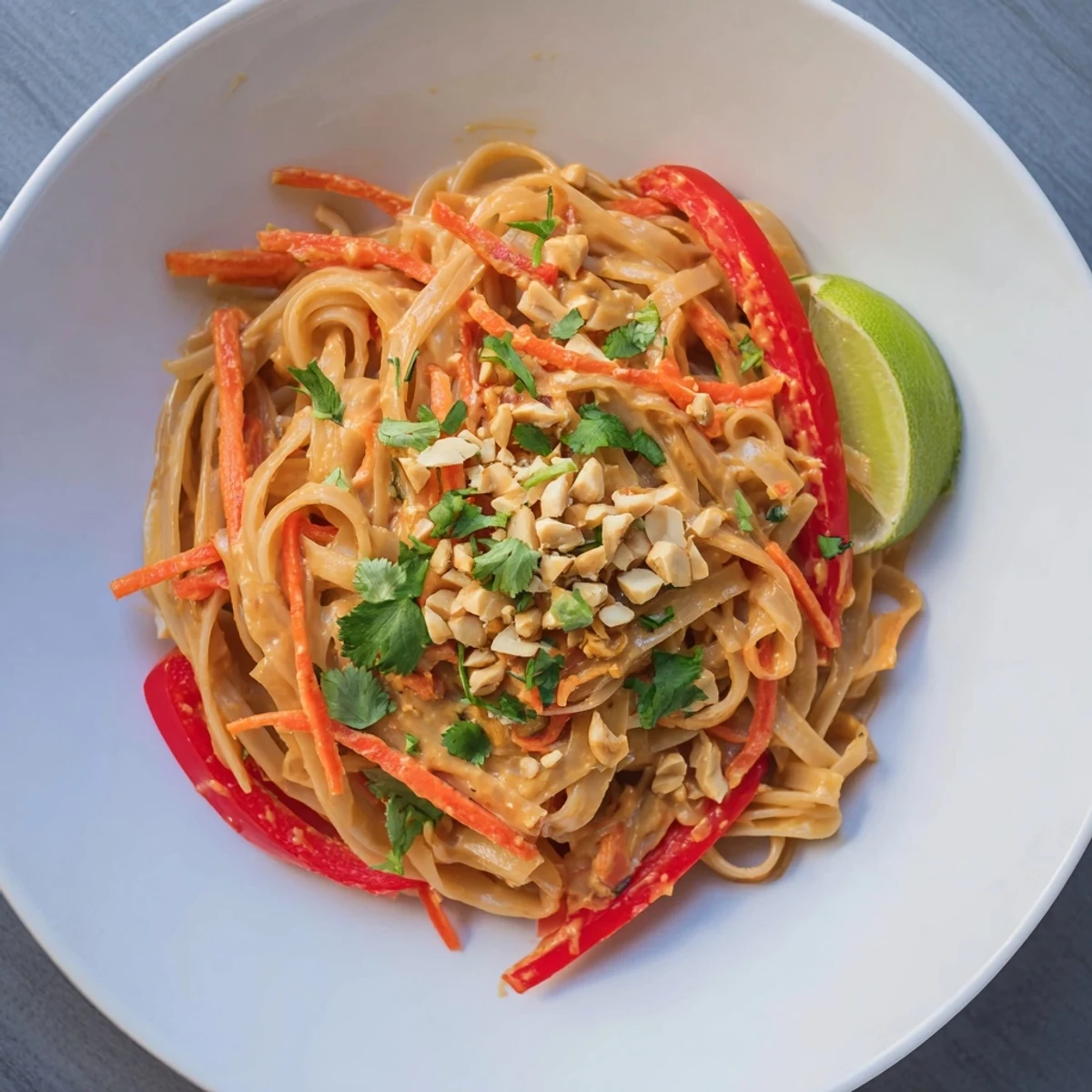 Steaming bowl of spicy peanut noodles, a colorful vegetarian main course bursting with flavor.