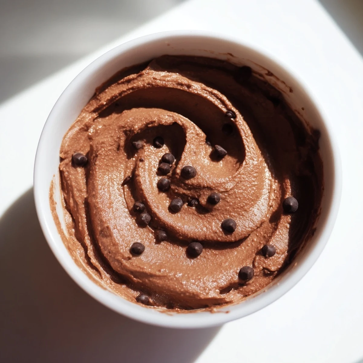 A bowl of creamy chocolate hummus, perfect for dipping fresh strawberries and pretzels.