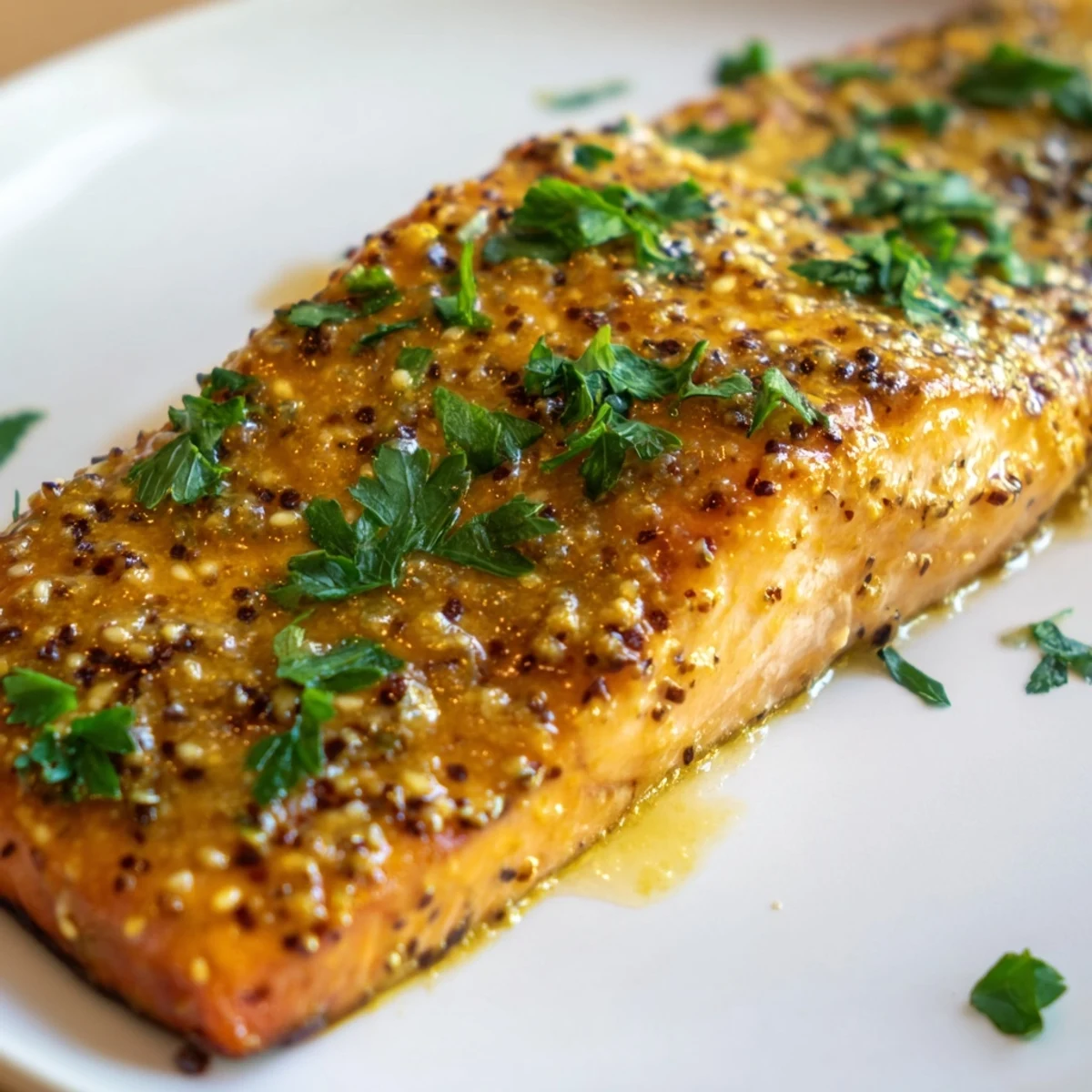 Golden, oven-baked honey mustard salmon, glistening with a creamy sauce and ready to enjoy.