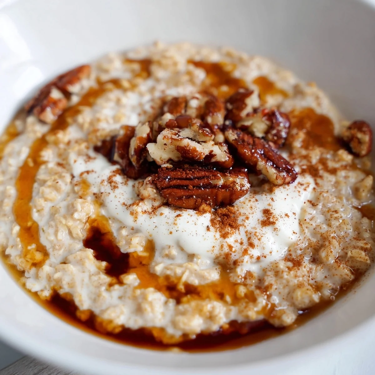 Steaming bowl of pumpkin spice latte oats topped with pecans and a swirl of whipped cream.