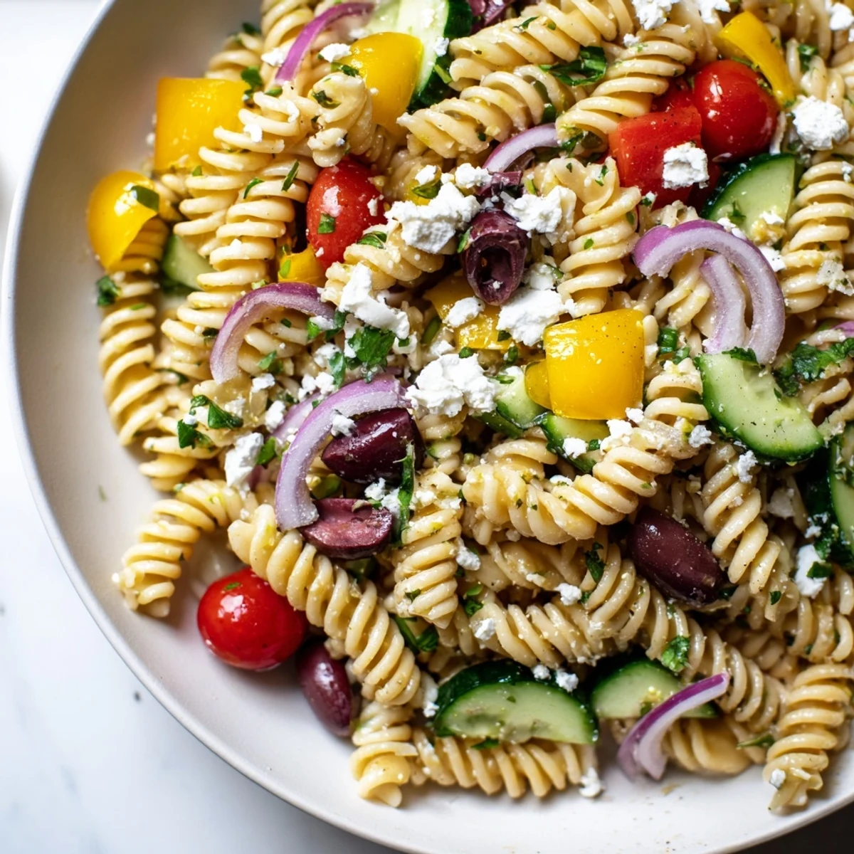 Vibrant Lemon Pasta Salad featuring fresh tomatoes and herbs, perfect for a picnic spread.