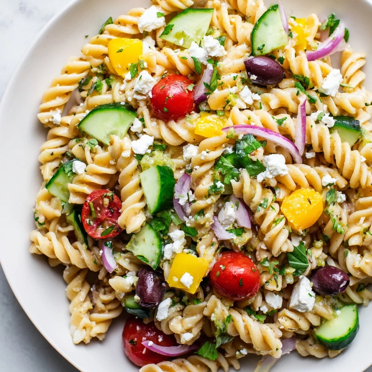 Cool and refreshing Lemon Pasta Salad, ready to serve with a drizzle of olive oil, so delicious.