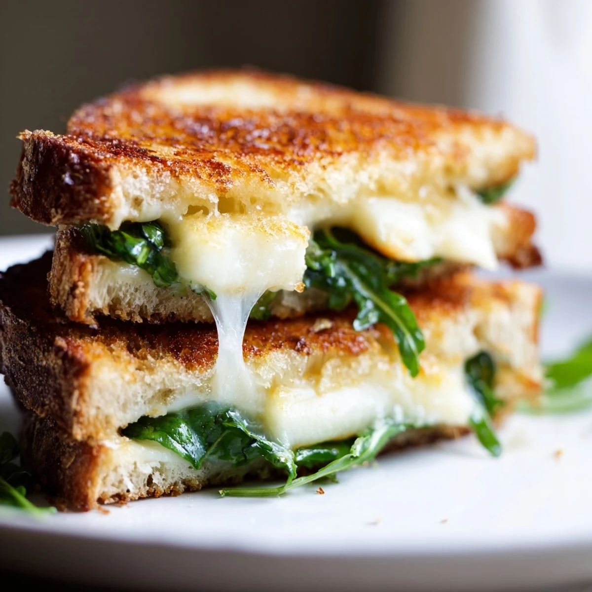 Melted halloumi grilled cheese sandwich, oozing slightly, hinting at a warm, cheesy bite.