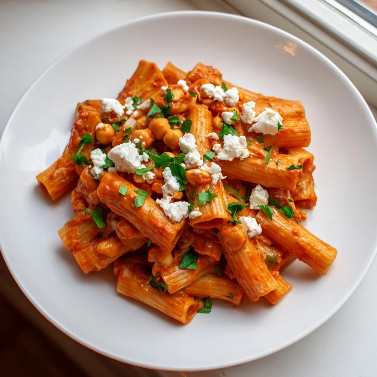 Steaming bowl of harissa chickpea pasta, fragrant spices mingling with perfectly cooked penne.