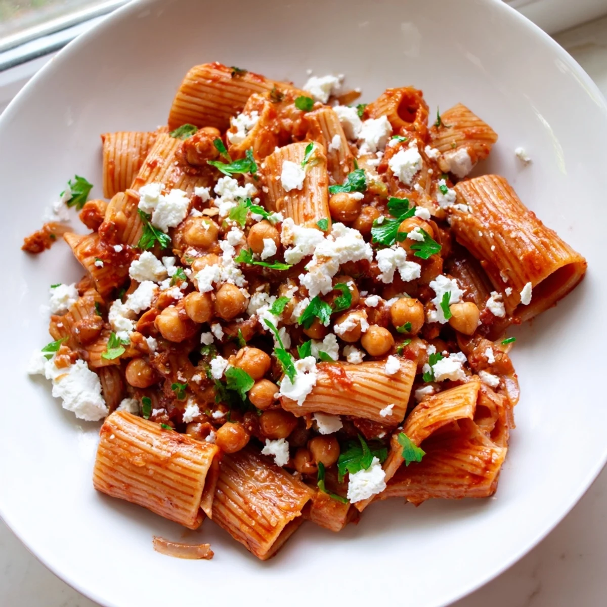 A close-up shot of a vibrant harissa chickpea pasta bowl, ready to enjoy with crumbled feta.