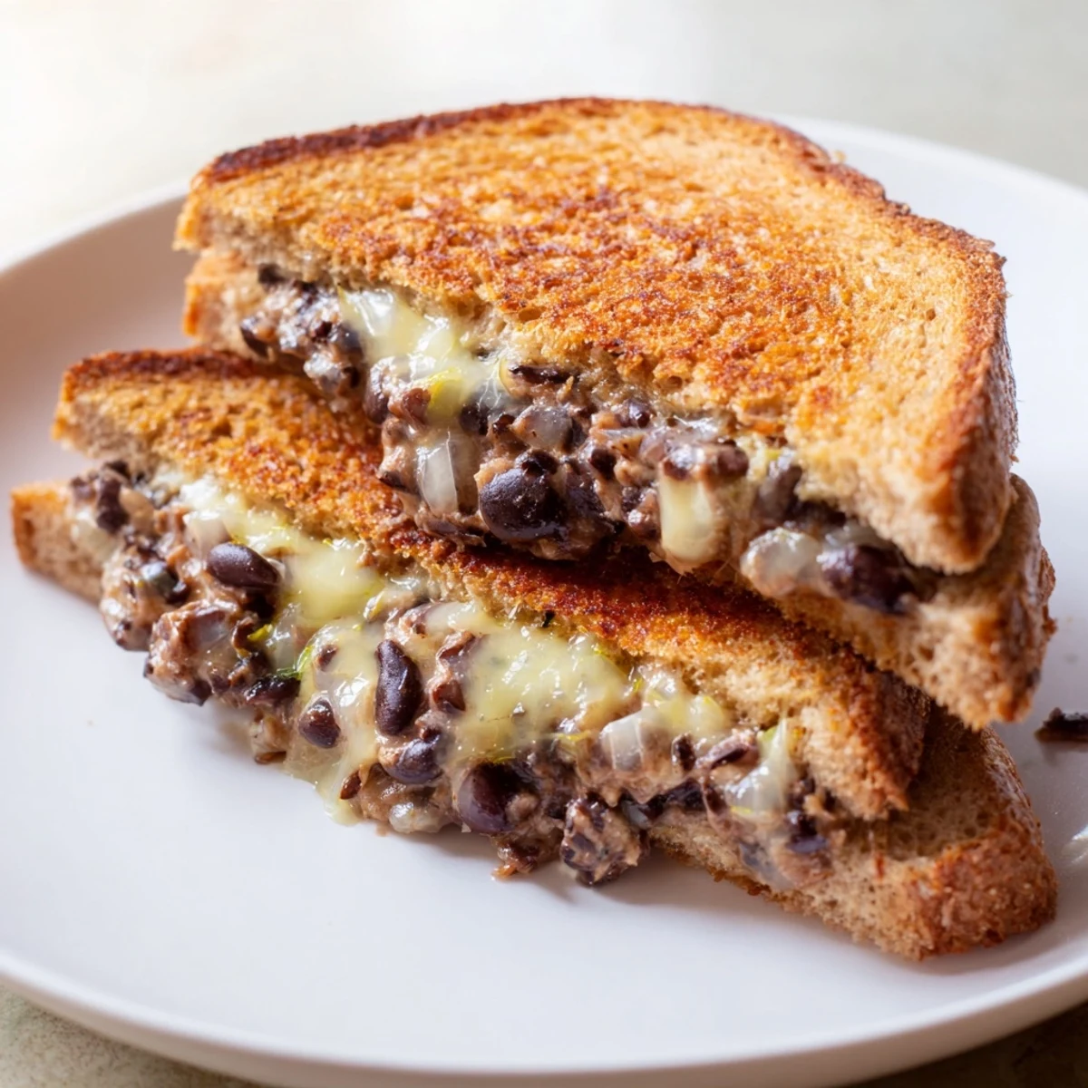 A close-up of a warm, cheesy Black Bean Grilled Cheese sandwich, sliced in half, showing filling.