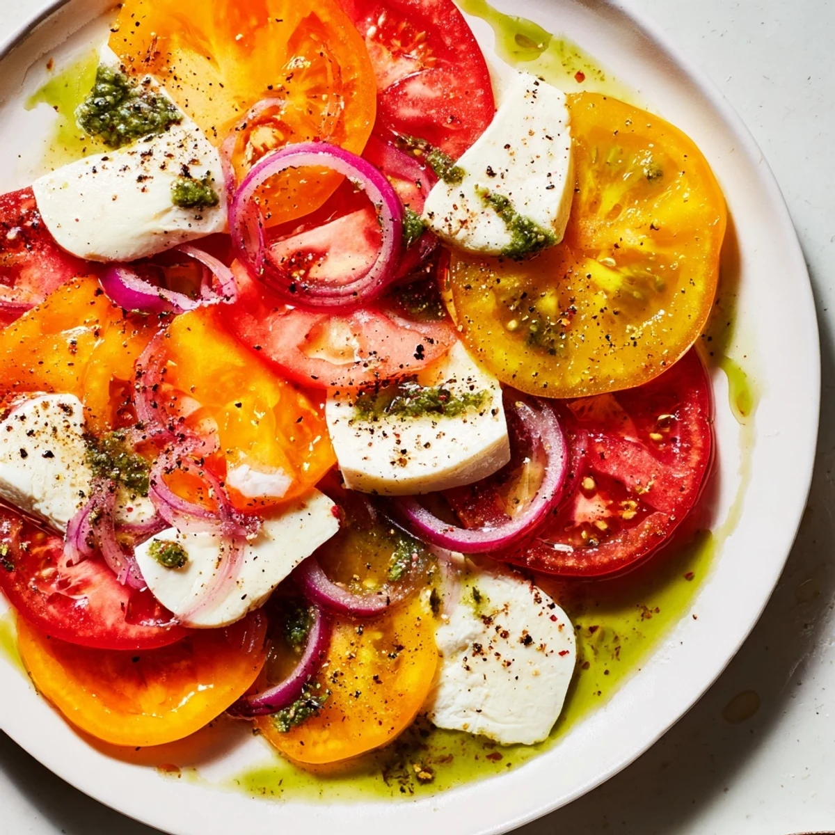 A close-up of Summer Tomato Salad: Juicy tomatoes, basil oil, and fresh mozzarella are ready.