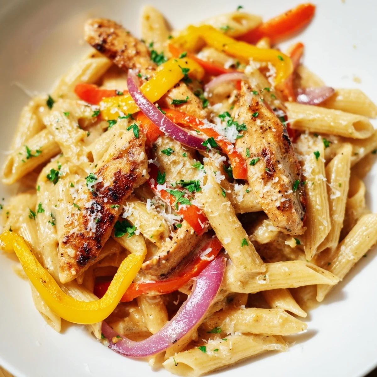 This photo of Cajun Chicken Pasta shows tender chicken and penne in a rich, cheesy sauce.