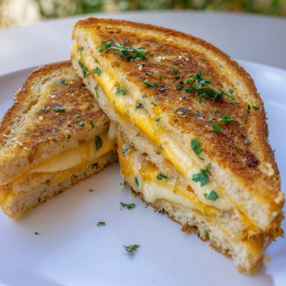 Golden, melty Garlic Butter Mayo Grilled Cheese, ready to be sliced and enjoyed warm.