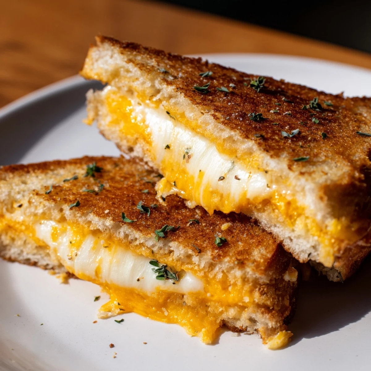 Close-up of a Garlic Butter Mayo Grilled Cheese with a browned, textured crust and melted cheese pull.