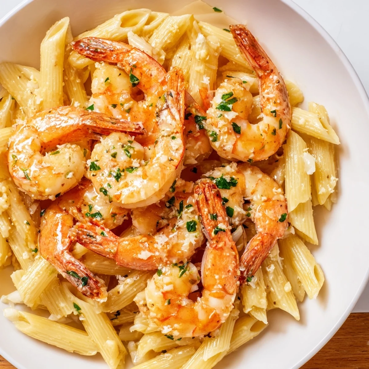 Golden Garlic Shrimp Penne pasta with tender shrimp, tossed in a creamy, garlic-infused sauce.