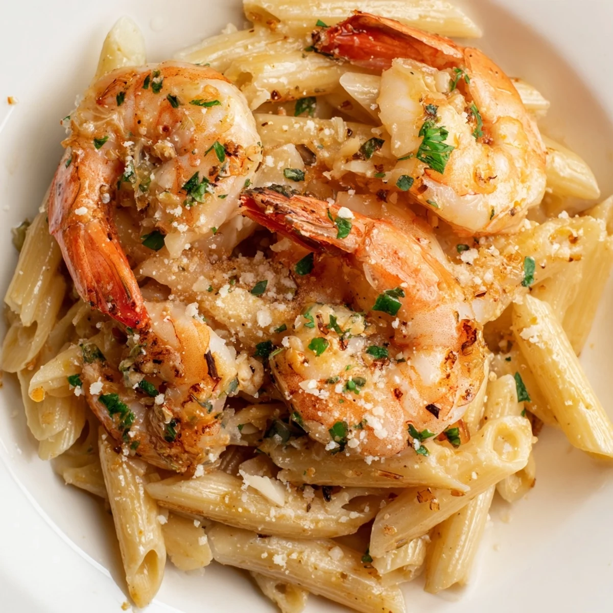 Steaming bowl of Garlic Shrimp Penne with fresh herbs and Parmesan, ready to enjoy.