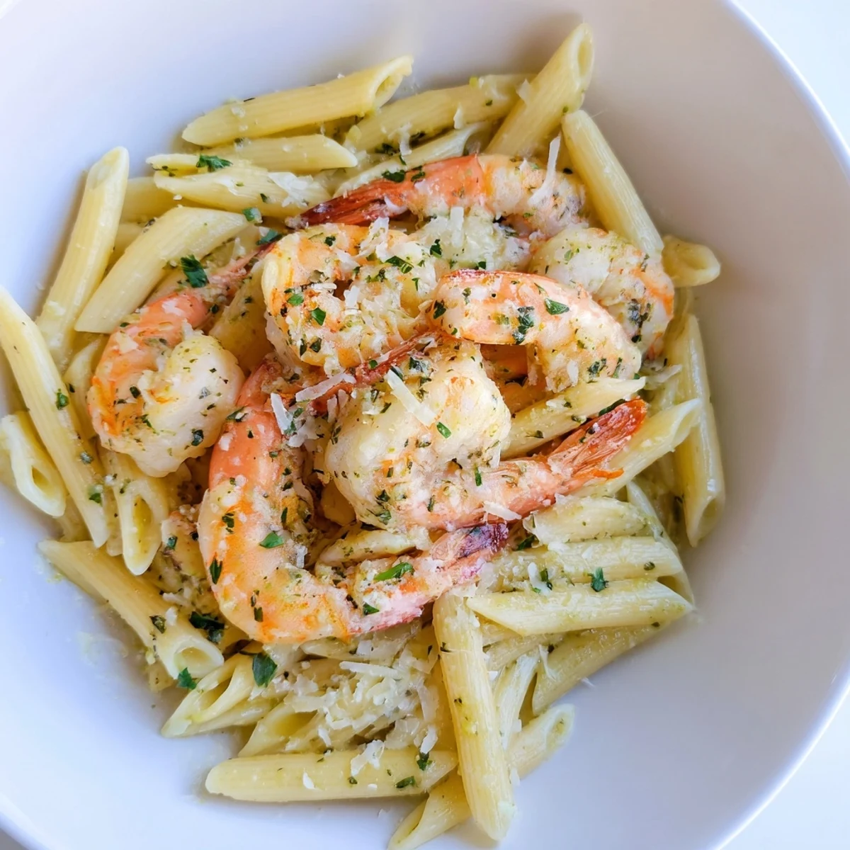 Close-up shot shows Garlic Shrimp Penne, a delicious Italian-American pasta dish.