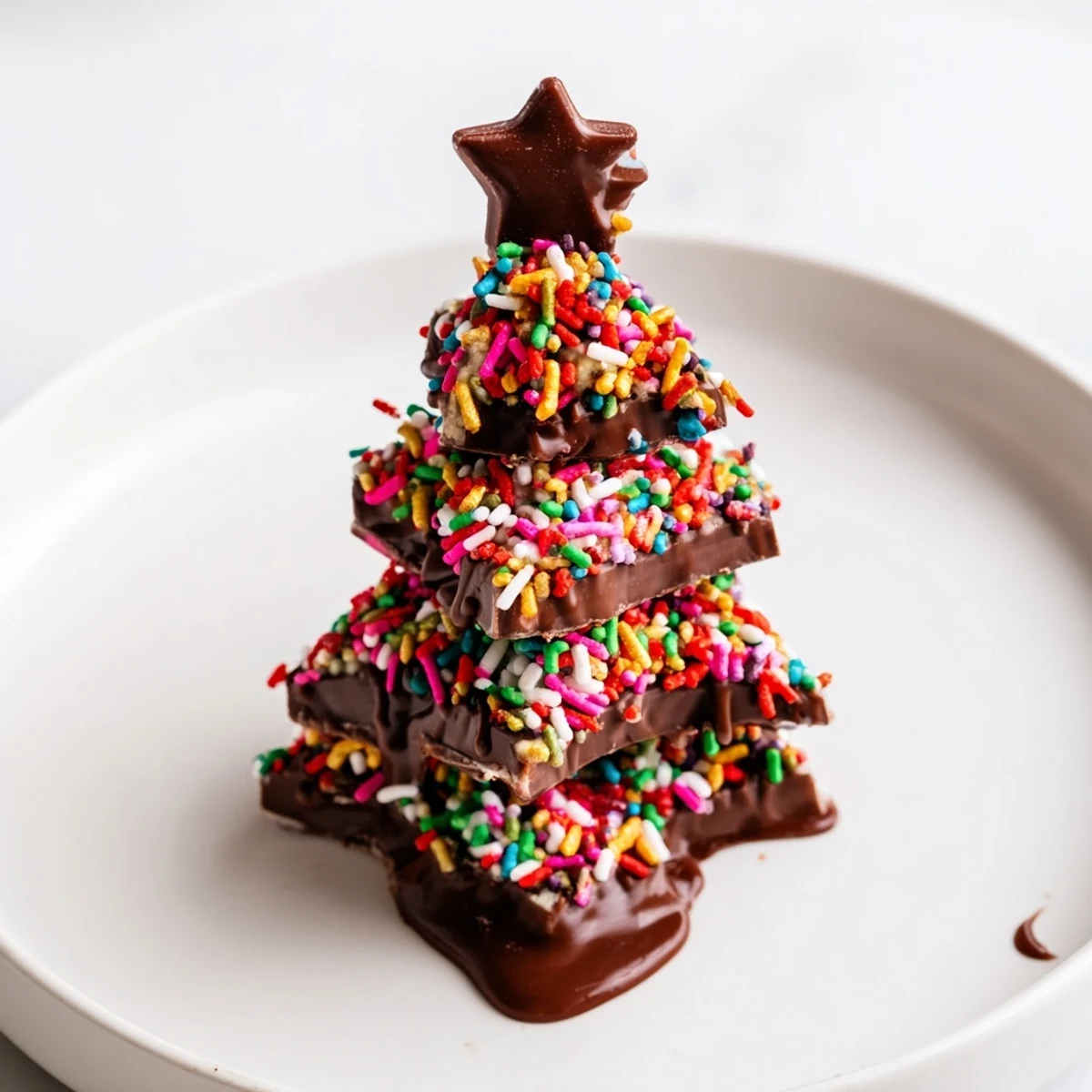 Chocolate Kinder Christmas Trees, a sweet dessert drizzled with melted chocolate and sprinkled with festive joy.