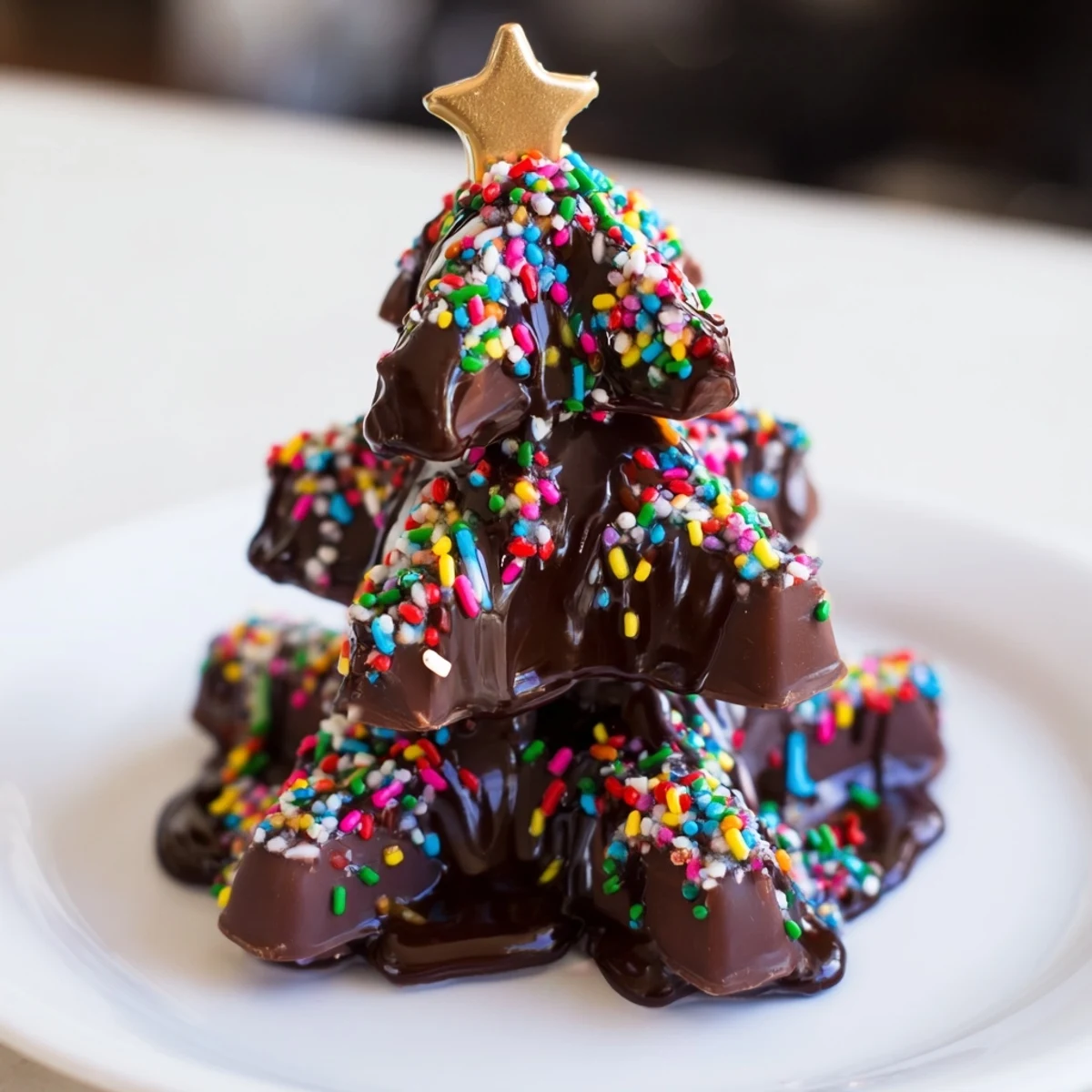 These Chocolate Kinder Christmas Trees offer a delightful view with sparkling sprinkles and miniature candy stars.